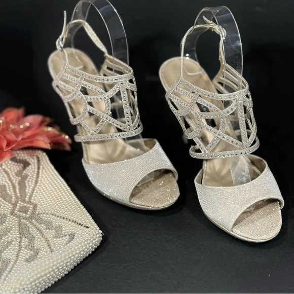 Caparros Gold Silver Rhinestone Open Toe Ankle Strap Strappy 4” Heels Size 7.5 - Picture 4 of 16